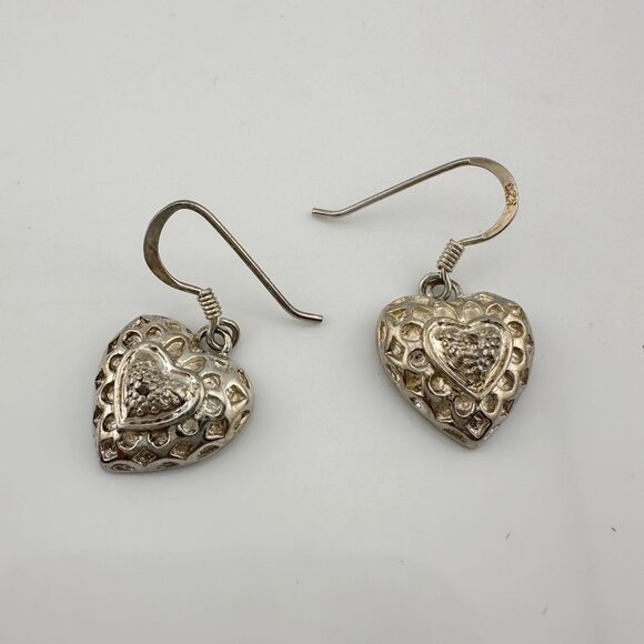 Sterling Silver Heart Dangle Earrings with Small Natural Diamond in Center - Picture 4 of 10